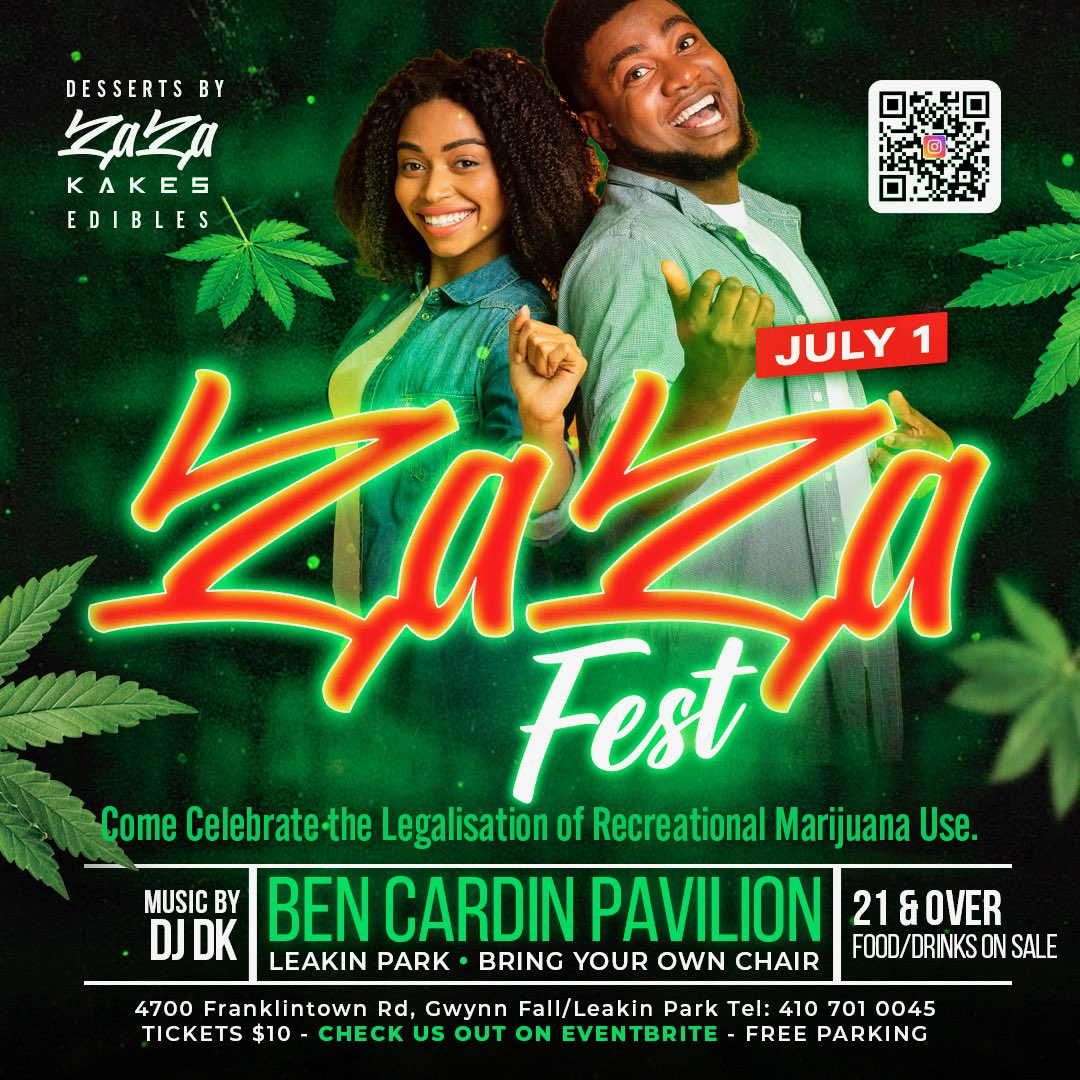 July 1st Celebration of the Legalization of Recreational Cannabis in Maryland! Outdoor event BYOE. Food & beverage Vendors! Flowers! Infused Desserts & Drinks, Raffles, giveaways, Music, a host of Cannavendors Buy your tickets and much more: eventbrite.com/e/zazafest-tic…