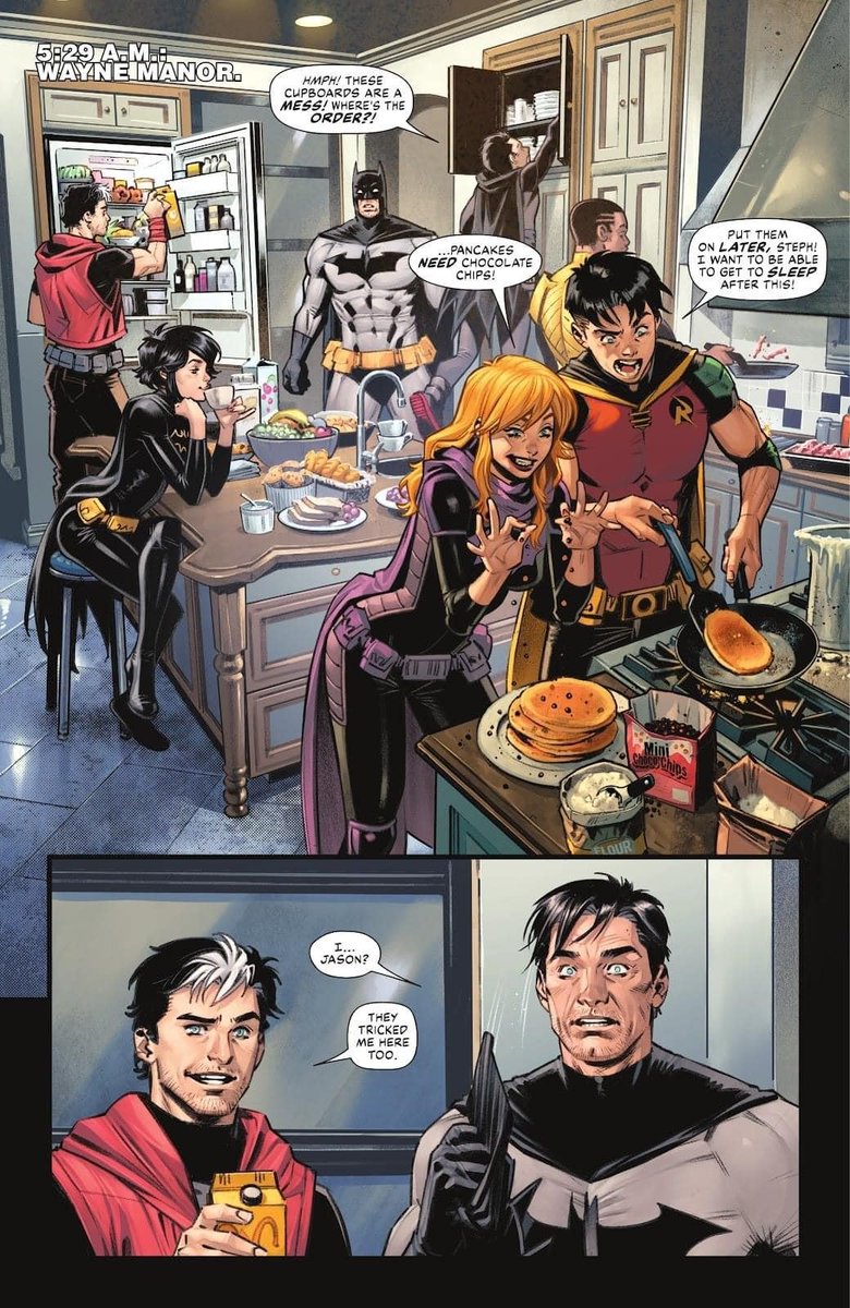 thistlebluex's tweet photo. This is the kind of Batfam content we need. The fandom has been creating Wholesome!Batfam content for eons. Nice to see it in canon. Now, if only DC movies/TV gets the memo and gives us more crime-fighting found family and less edgelord stuff taken too seriously. Batman #136. https://t.co/QqT1Wmrxdv