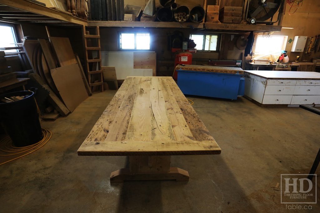 10′ Ontario Barnwood Table we delivered to a Huntsville cottage last week – 42″ wide – Trestle Base – Old Growth Hemlock Threshing Floor Construction – Original edges & distressing maintained – Premium epoxy + satin polyurethane finish – [2] Matching 5′ Benches –…