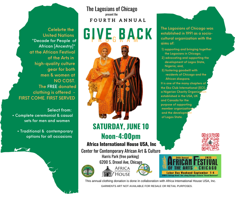 Looking for African attire for the upcoming event? Or you just want to be comfortable in a casual outfit?  

Join us this Saturday June 10, 2023 for our Fourth Annual Give Back! 

Men and Women clothing available to you at NO COST! 

See you Saturday from Noon- 4PM