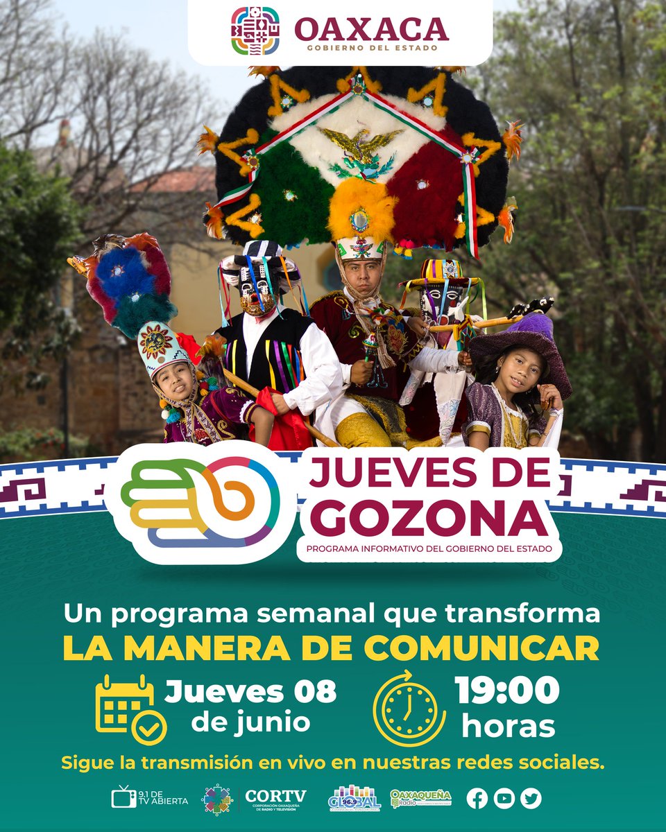 No te pierdas la transmisión del #JuevesDeGozona, que será encabezada por el Gobernador Salomón Jara Cruz. La cita es a las 19:00 horas, a través de nuestras redes sociales oficiales y de la #CORTV.