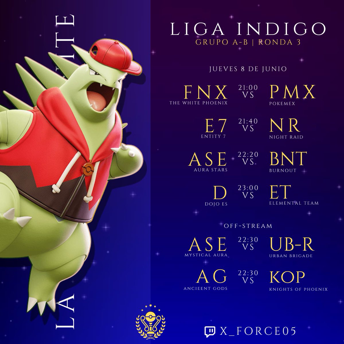 InfoMon_ES's tweet photo. ¡Es jueves y un día perfecto para la Bendita Liga Índigo ✨!

Prepara tu botana y refresco preferido, tendremos acción en tiempo real! 9:00PM

EN VIVO: https://t.co/Q48qVY4bT0

¡Solo por @XFORCE05 , La Casa del #PokemonUNITE ! https://t.co/4hJULPeGjS