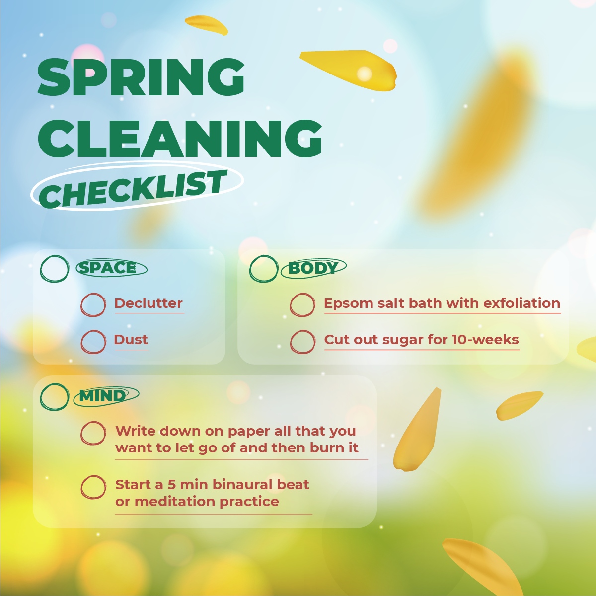 Refresh your space, revitalize your body, and rejuvenate your mind this spring! 🌷✨ 

#SpringCleaningGuide
#RenewYourSpace
#RevitalizeYourBody
#RejuvenateYourMind
#SpringRenewal
