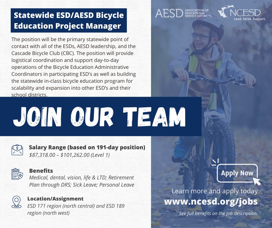 On behalf of the statewide <a href="/wa_esds/">Washington AESD</a>, NCESD is #hiring a Project Manager for a new statewide Bicycle Education program. Learn more at ncesd.org/jobs // For full benefit info refer to official job posting &amp; visit ncesd.org/employee-benef…