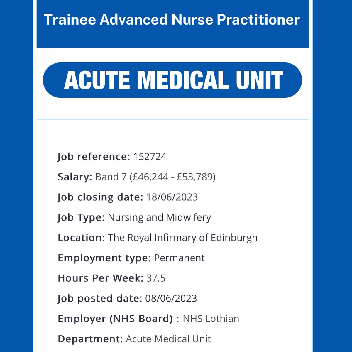 Fantastic opportunity to join the Advanced Nurse Practitioner team in the @AcuteRie at the @RIE_Lothian We are looking for enthusiastic and committed individuals to join our ever expanding team. 🔹 apply.jobs.scot.nhs.uk/Job/JobDetail?… @Michell11234651 @jenwatters74 @NHS_Lothian #ANP