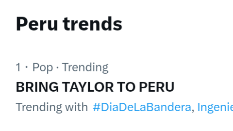 TaylorPeru13's tweet photo. #️⃣| "BRING TAYLOR TO PERU" es tendencia #1 en Twitter Trends Perú 🇵🇪. @Taylornation13
 
#TaylorSwiftEnPeru #TSMeetUsInPeru https://t.co/BDUVVqmBMy
