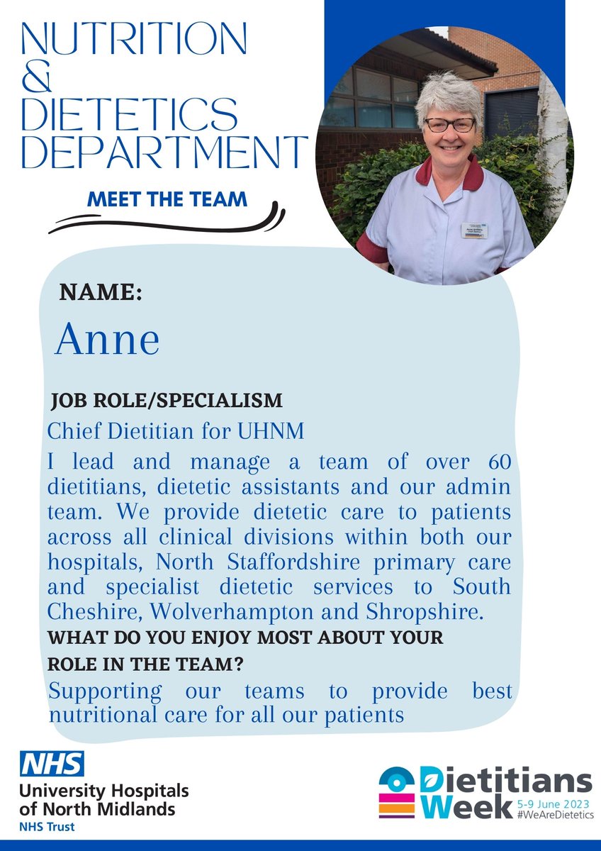 #meettheteam Our Chief Dietitian Anne provides great support to our team in providing the best for our patients and promoting the role of dietetics throughout the Trust #DW2023 #DietitiansWeek2023 #WeAreDietetics