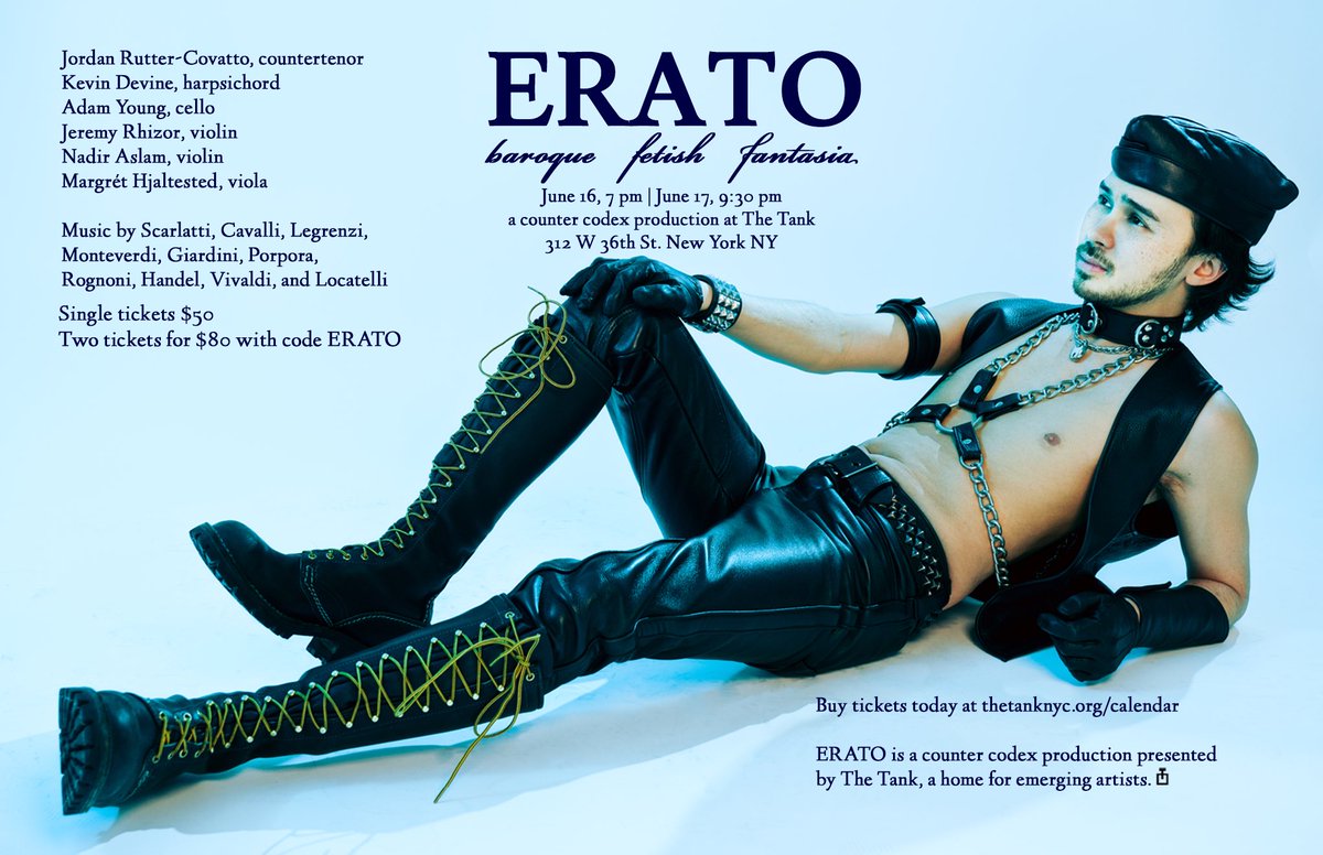 Looking for an evening to stimulate all your senses? Then come see our own @jordanruttercovatto headline a concert of Italian opera in Leather Man gear to kick off Folsom weekend at @thetanknyc!
Use the code ERATO for 20% off two tickets ❤️