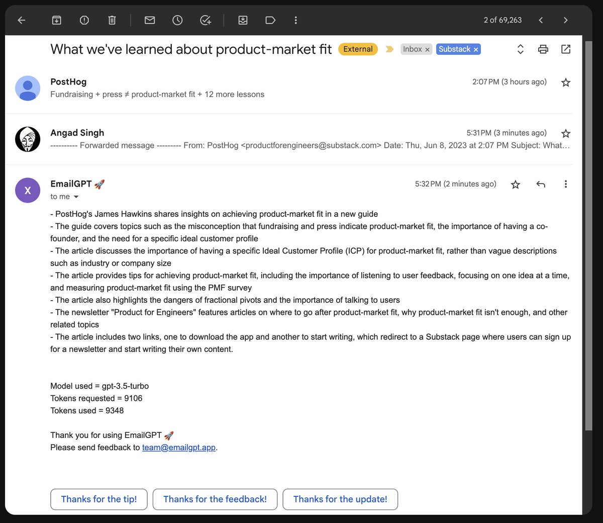 Excited to launch EmailGPT - simply fwd long emails or PDF attachments to x@emailgpt.app and get a bullet point summary.

Pro-Tip: works great for summarising all the substacks that you have been meaning to read.