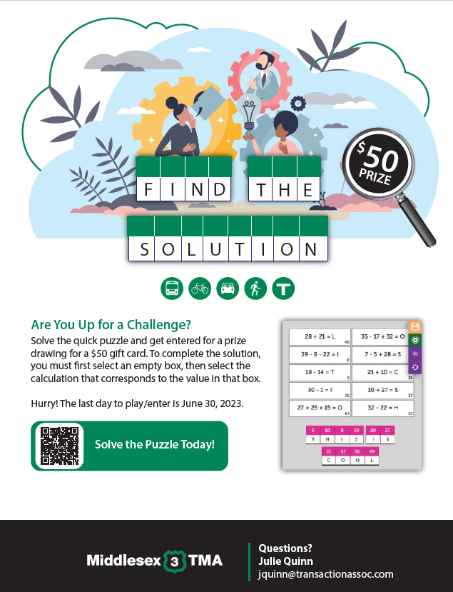 Introducing our June Commuter Challenge! Complete the puzzle challenge and fill in your information in order to be entered into our prize drawing for a $50 gift card! The last day to play/enter is June 30, 2023. 
Enter here: loom.ly/K7RV8n4