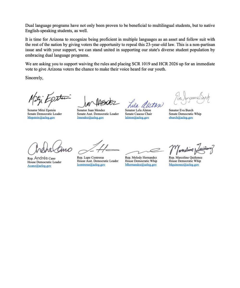 AZSenateDems's tweet photo. “Research supports the value that dual language programs bring in building the English proficiency of multilingual students.”

Joint Democratic Leadership sent this letter in support of the “English-only”repeal to legislative leaders to remove barriers that are hindering the success of multilingual learners. #azleg