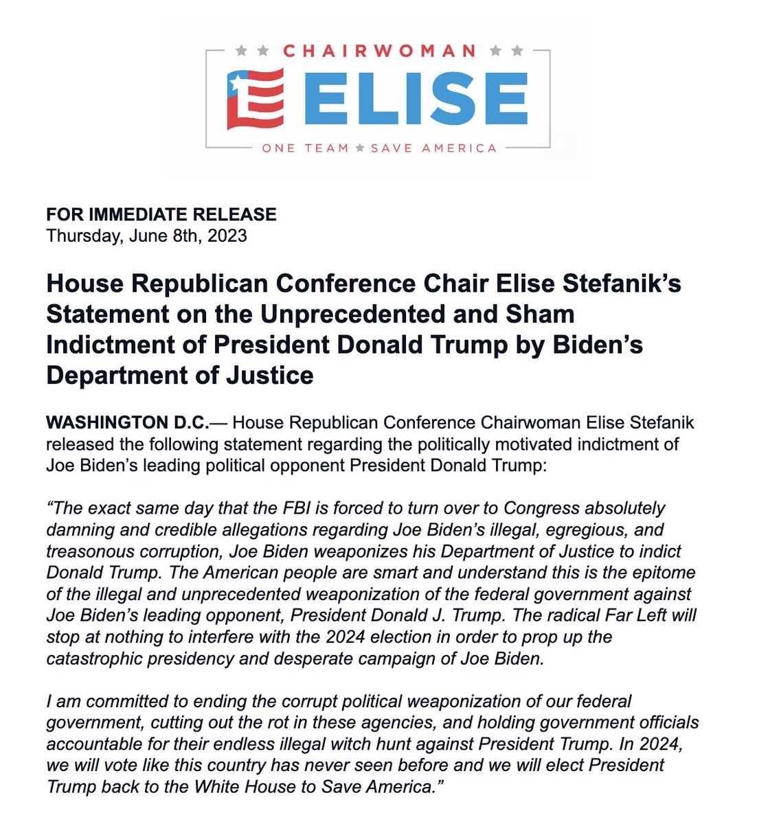 EliseStefanik's tweet photo. My Statement on the Unprecedented and Sham Indictment of President Donald Trump by Biden’s Department of Justice.