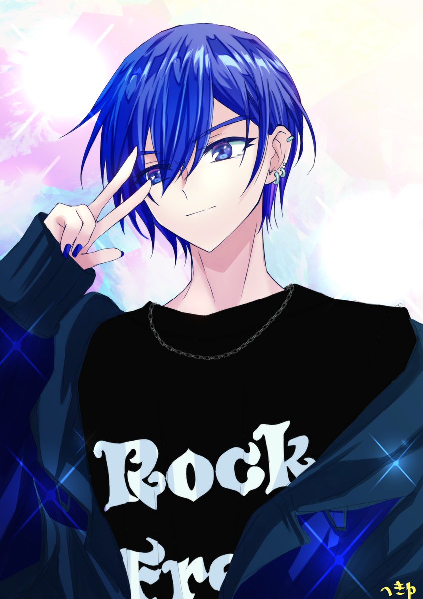 カイト(ボーカロイド) 「へきゆさんのロックなKAITOさん!ビシッとピースをする姿が…とってもカッコいい」|piapro(ピアプロ)のイラスト