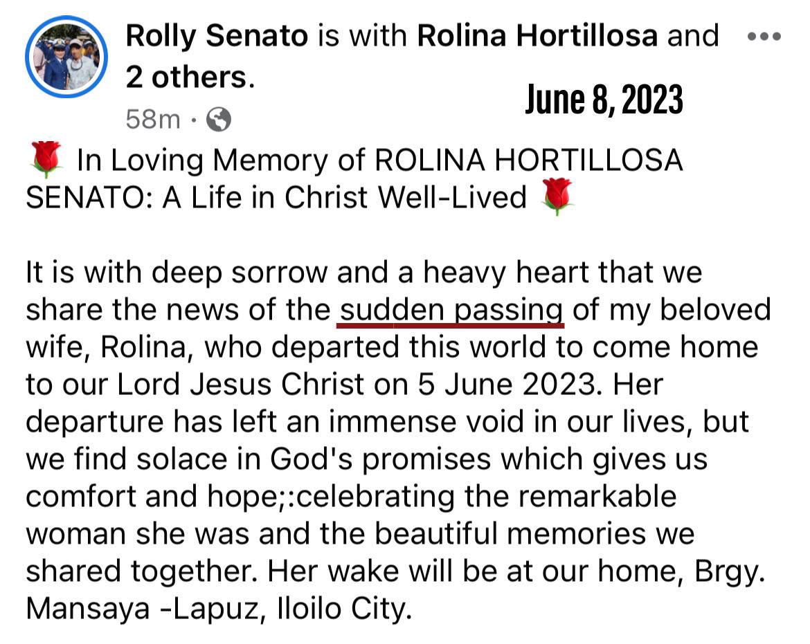 Rolina Hortillosa 💉🪦
#FullyVaccinated #DiedSuddenly
(June 2023) 🇵🇭 Philippines  

“ .. we share the news of the sudden passing of my beloved wife, Rolina, who departed this world to come home to our Lord Jesus Christ on 5 June 2023 ..

CovidBC.me