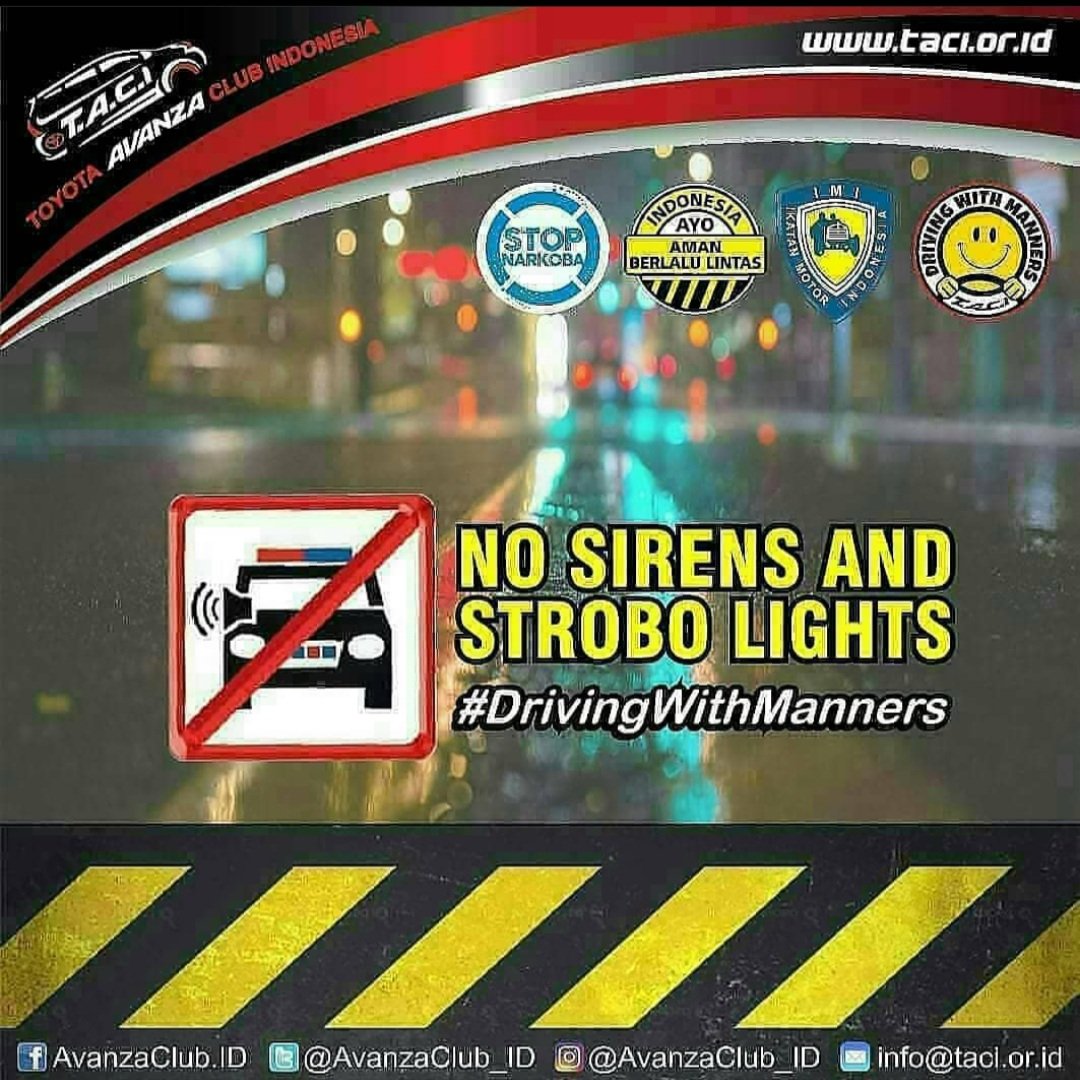 AvanzaClub_ID's tweet image. Taati Peraturan Lalu Lintas. Salah satunya adlh UU No. 22 Tahun 2009 Pasal 59 ayat (5) terkait penggunaan lampu isyarat &amp;amp; sirene. Member TACI di himbau utk tdk memasang &amp;amp; menggunakan sirene &amp;amp; strobo. 
#TACI #drivingwithmanners #toyotaavanzaclubindonesia #alwaysdrivesafely