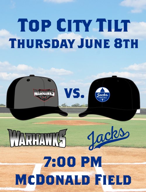 TopekaJacks's tweet photo. @Warhawksbsbc vs. Jacks tonight!

🕖 7:00 PM
🏟️ McDonald Field
📊 https://t.co/aMF9uIyZWT https://t.co/Ts3TXVi4Lt
