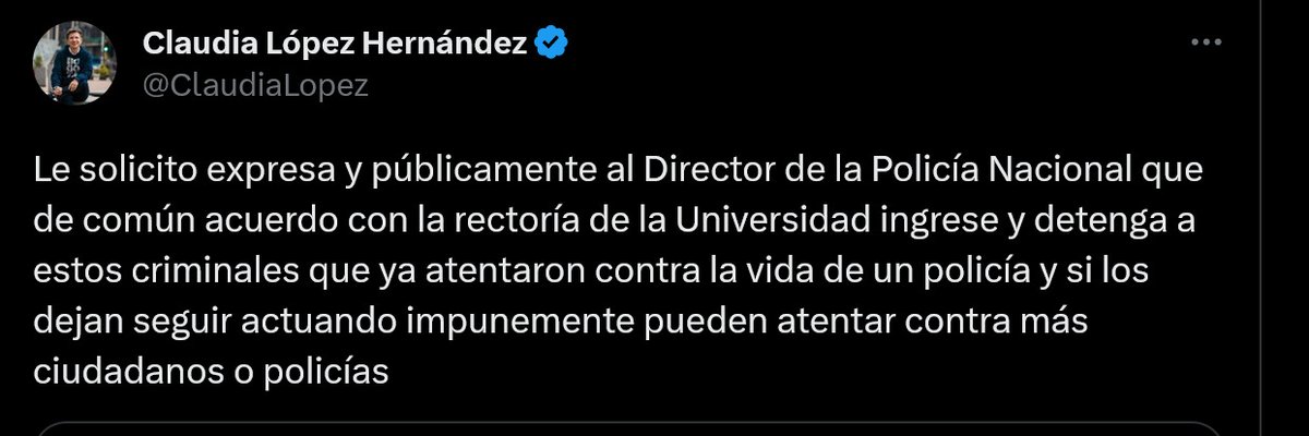 cancinodiegoa's tweet photo. La alcaldesa @ClaudiaLopez quiere conmemorar el asesinato de 11 estudiantes y el día del estudiante caído, ¡con más asesinatos! Su petición al @DirectorPolicia que entre a bala a la UNAL, no es más que la petición de desatar una masacre como la del #9S. ¡No lo permitiremos! https://t.co/nYiw8rTFpR