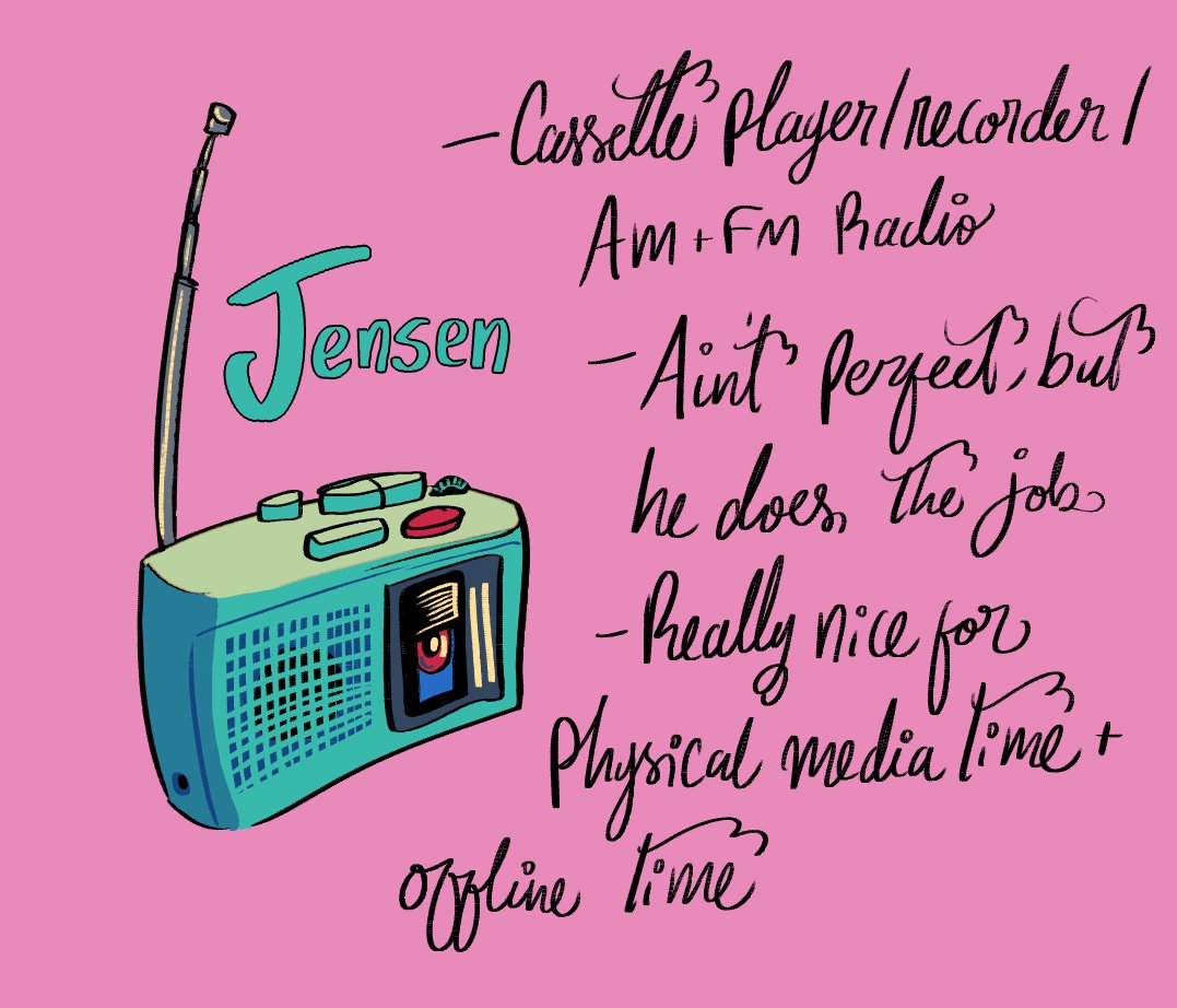 IncognitoMoan's tweet photo. (1/3) My latest hobby has been collecting cassettes, and I've got the cutest little Jensen player to help me with that. It's a little finicky at times, but I'm learning to play around with it 😉 #object #oc #nsfwart #kinda https://t.co/tutr0IKl3V