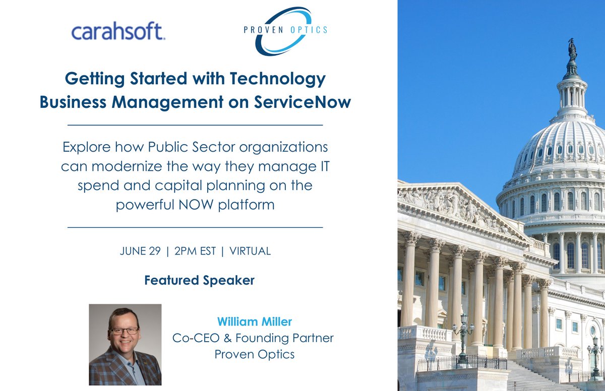 Join Proven Optics and <a href="/Carahsoft/">Carahsoft</a> on Thursday, June 29th at 2:00pm ET to explore how Public Sector organizations can modernize the way they manage IT spend and capital planning on the powerful <a href="/ServiceNow/">ServiceNow</a> platform.

Register today!

carahevents.carahsoft.com/Event/Details/…