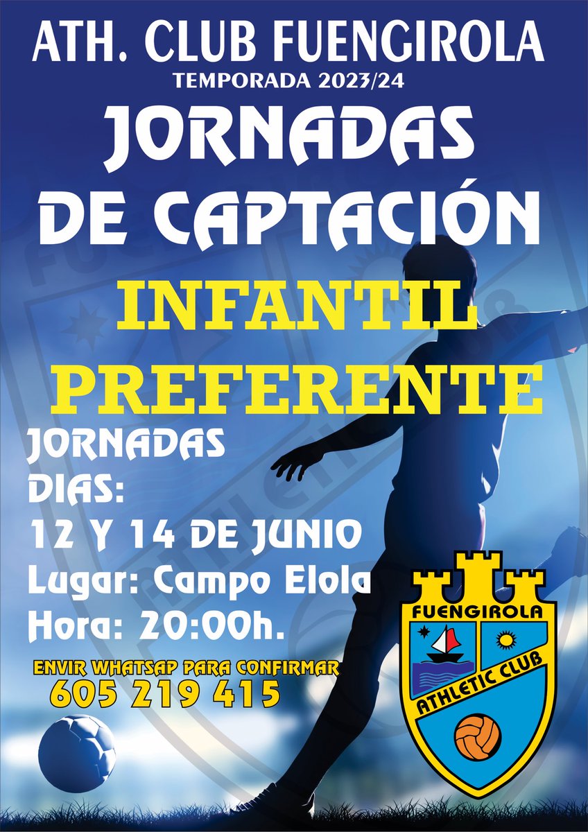 🚨 Captación para nuestro Infantil Preferente de la próxima temporada 2023/2024.

MUY IMPORTANTE: Hay que enviar un WhatsApp previamente al 605219415

🗓️ Días 12 y 14 de Junio
🕗 20:00
🏟️ Municipal ELOLA

¡Os esperamos!

#AthleticInfantilPreferente
#AupaAthletic