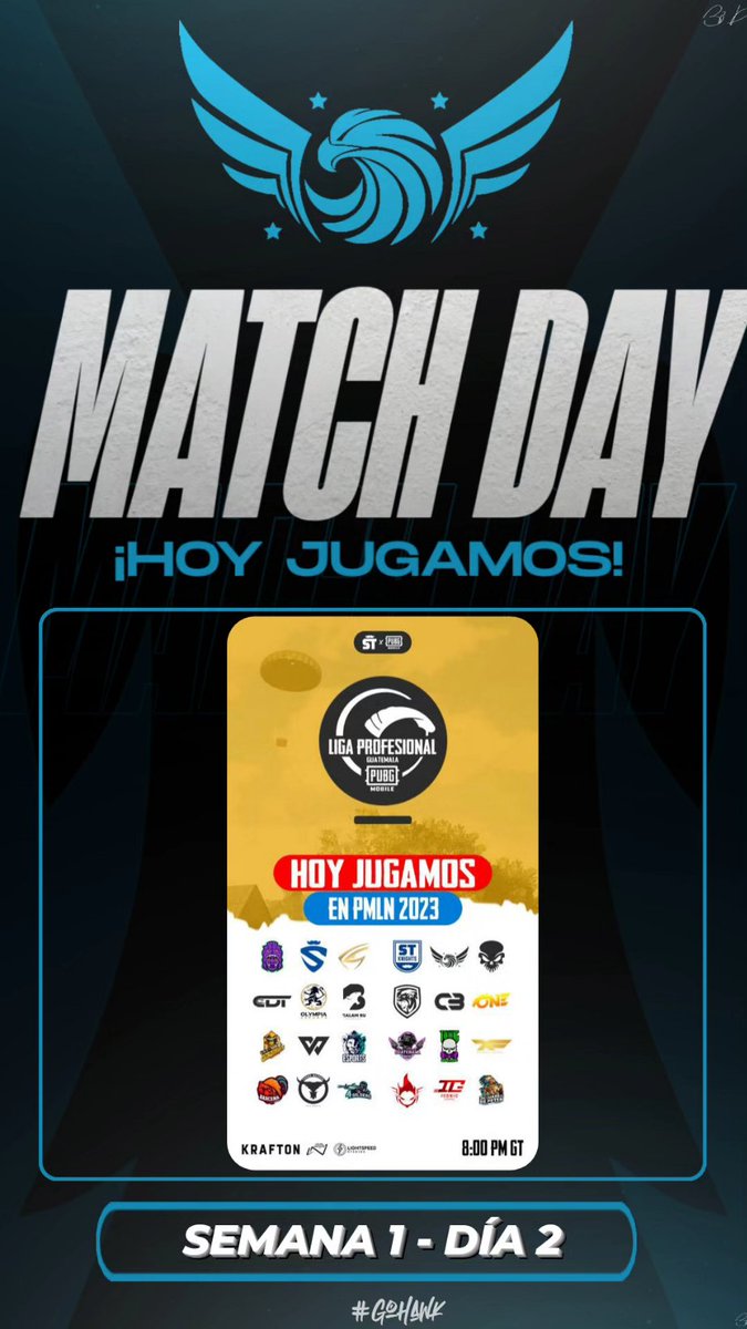 Hawk_gaming_gg's tweet photo. CONTINUAMOS LA BATALLA #PUBGMOBILE
✍️ Semana 1 - Día 2
🗓️ Hoy 08/JUN
🏆 PMLN GUATEMALA
🕣 08:00 GT - 09:00 COL
📺 https://t.co/HEgEYdoslY?…
#Gohk #esports #méxico #Guatemala #Vamoshawk https://t.co/BLbgur1eYL