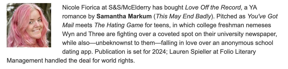 samantha markum (mostly updates) (@sammarkum) on Twitter photo ✨Surprise! I wrote another book!✨
I’m so excited to work with @NicoleFios, and of course, huge huge thanks to my agent <a href="/laurenspieller/">Lauren Spieller</a> for championing this book sooo freaking hard!! 💕 ✨Surprise! I wrote another book!✨
I’m so excited to work with @NicoleFios, and of course, huge huge thanks to my agent <a href="/laurenspieller/">Lauren Spieller</a> for championing this book sooo freaking hard!! 💕