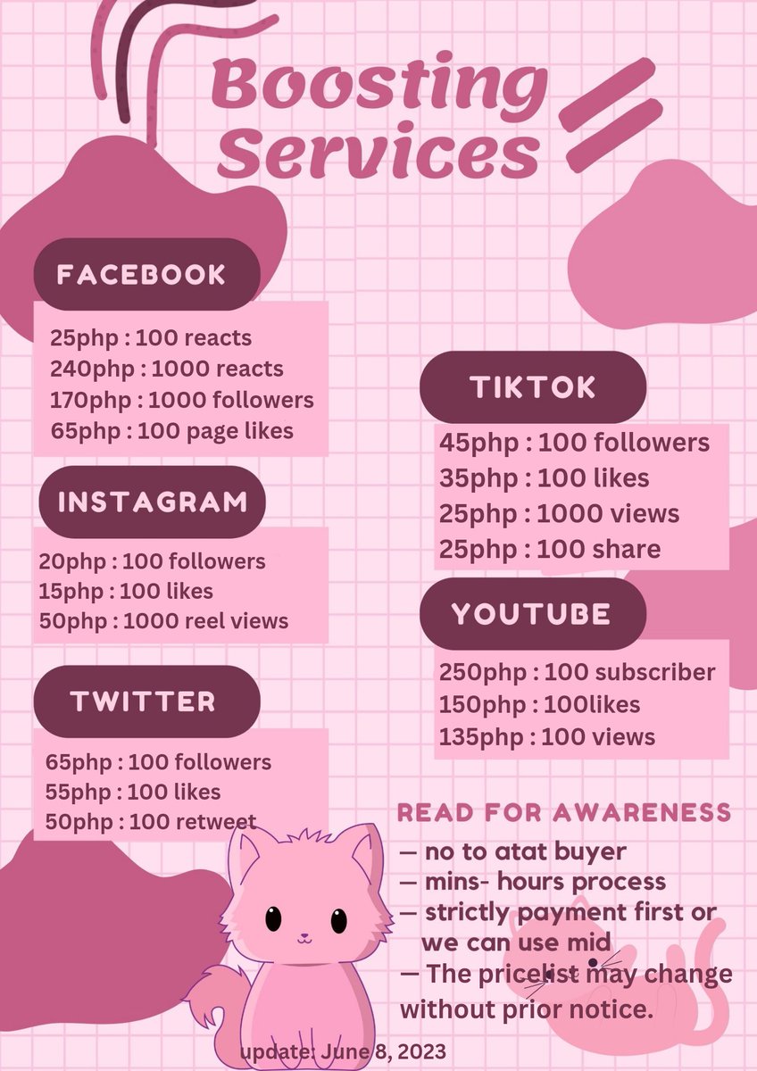 “SOCMED BOOSTING PRICELIST”

-- please read the rnr so that we don't have problems in the future

this is tested and safe

-- proof?? Will send it thru dm! Open

24/7 just dm me <(^_^)>

#boosting #sellingcontent #NFTGiveaways #NFTCommunity #Crypto #forsale #RatsZone