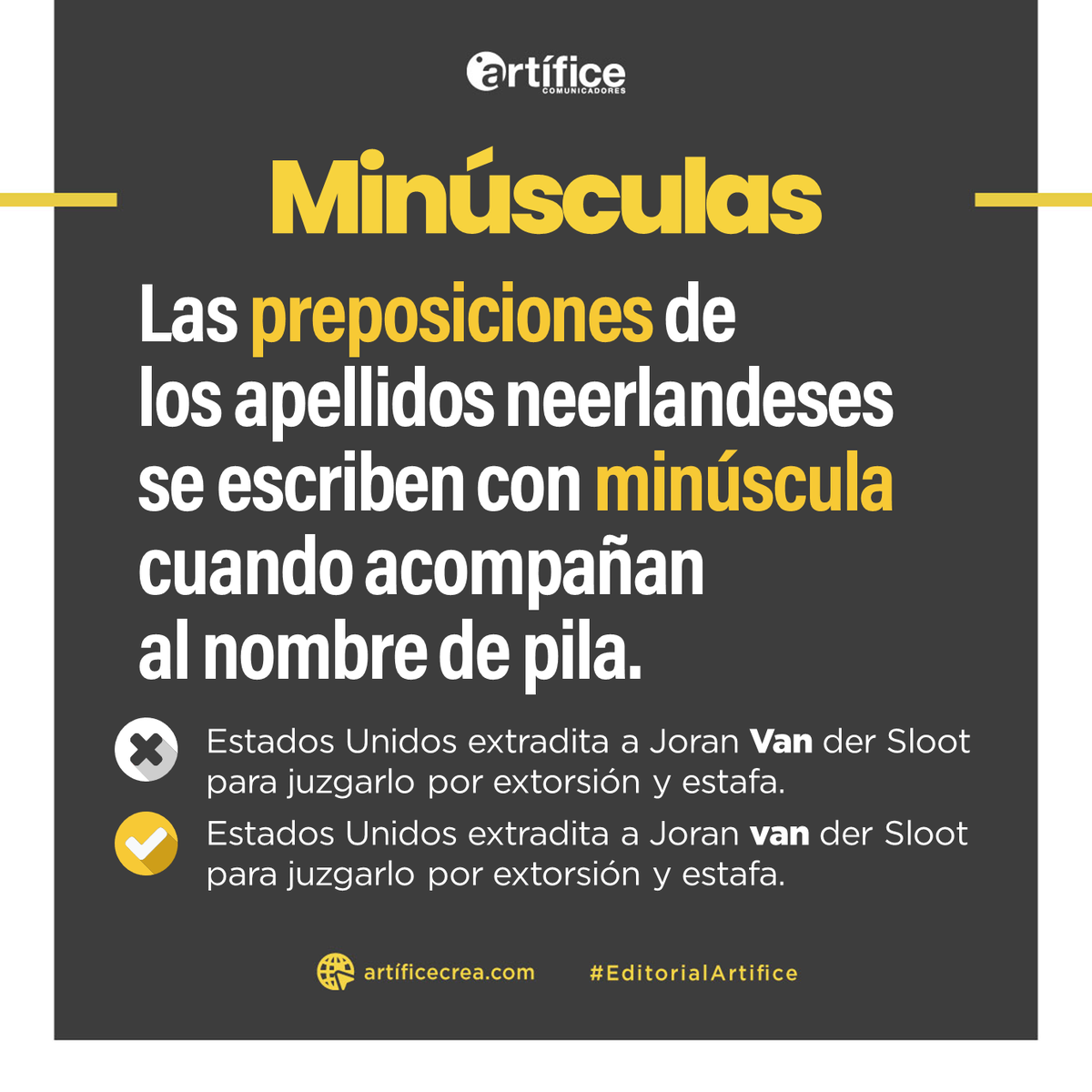 EditArtifice's tweet photo. 🗣️ En los apellidos portugueses, franceses, neerlandeses o alemanes, las preposiciones de los apellidos deben escribirse con mayúscula si se omite el nombre de pila: “De Maupassant”, “Dos Santos”, etc. 🧑🏽‍🏫

#ConsultasECA #DudasFrecuentes #Minúsculas #Preposiciones #Ortografía https://t.co/UDPD6FqPbQ