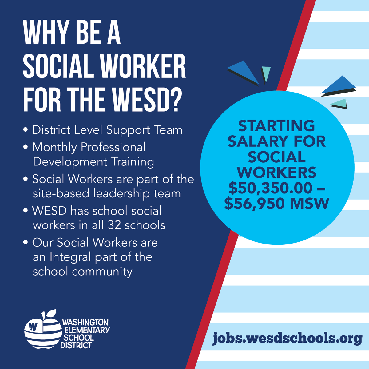 The WESD is seeking school social workers who want to make a positive, lasting impact on the wellbeing of our students and families! To apply online, please visit jobs.wesdschools.org.  To learn more, please contact Lydia Garcia at 602-347-2622. #WESDFamily