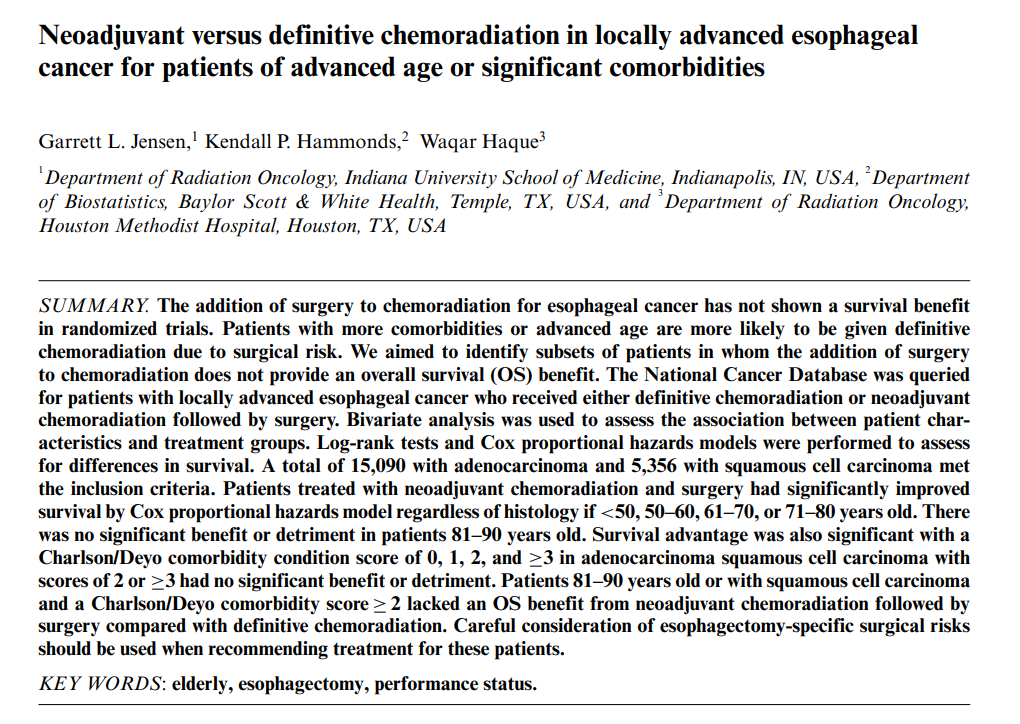 From our #EditorsChoice collection 'Neoadjuvant versus definitive chemoradiation in locally advanced esophageal cancer for patients of advanced age or significant comorbidities' ow.ly/yBvu50OnvTj