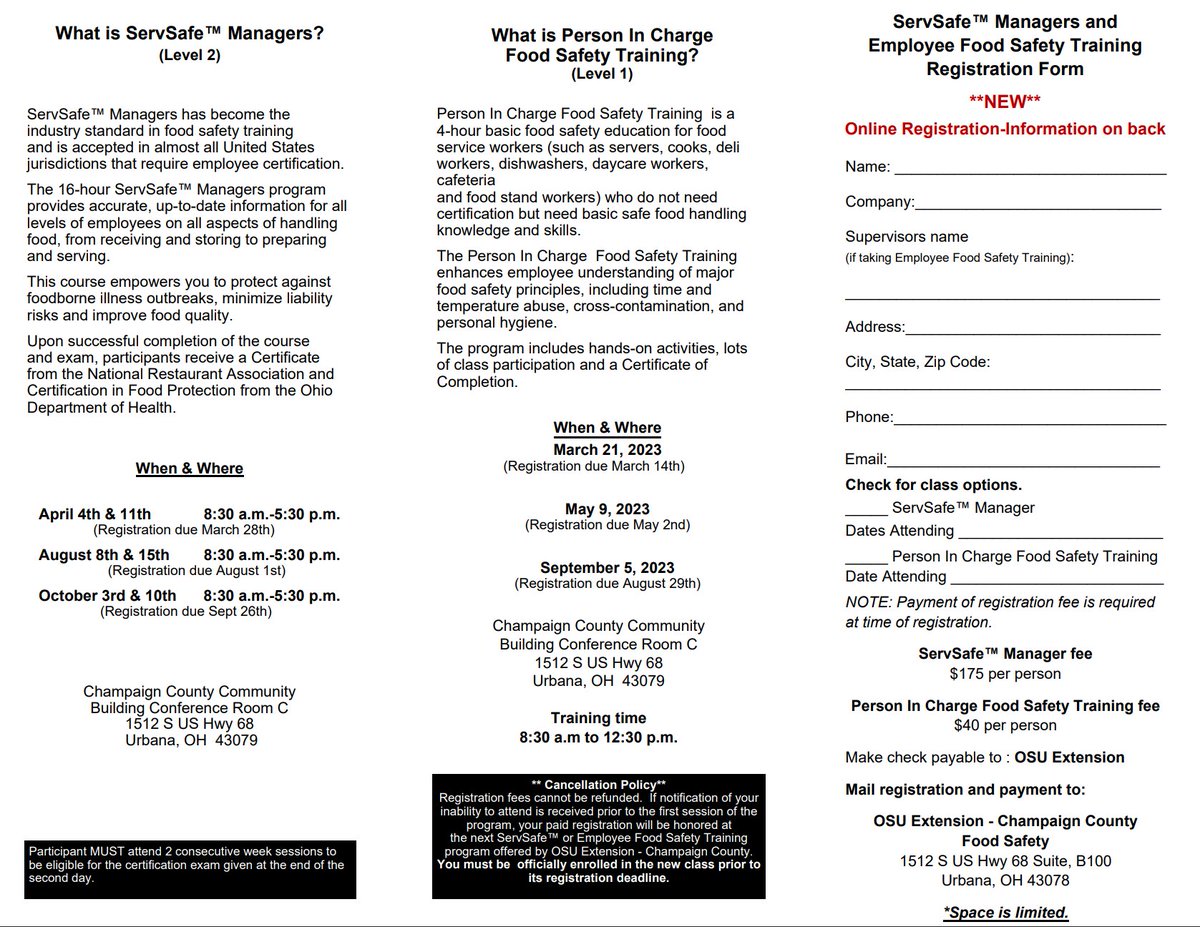 ChampaignHealth's tweet photo. Restauraunt operators - save the date! View the flyer to see dates for 2023 ServSafe classes in Champaign County. https://t.co/ieNmEUxRIR