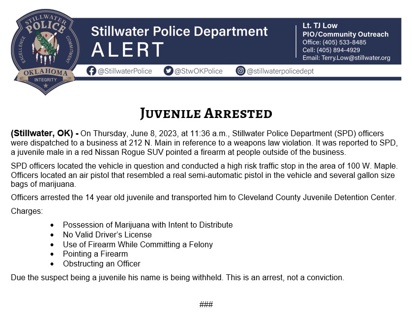 Juvenile Arrested
(Stillwater, OK) - "On Thursday, June 8, 2023, at 11:36 a.m., Stillwater Police Department (SPD) officers were dispatched to a business at 212 N. Main in reference to a weapons law violation."... 

#SWO #STWPD