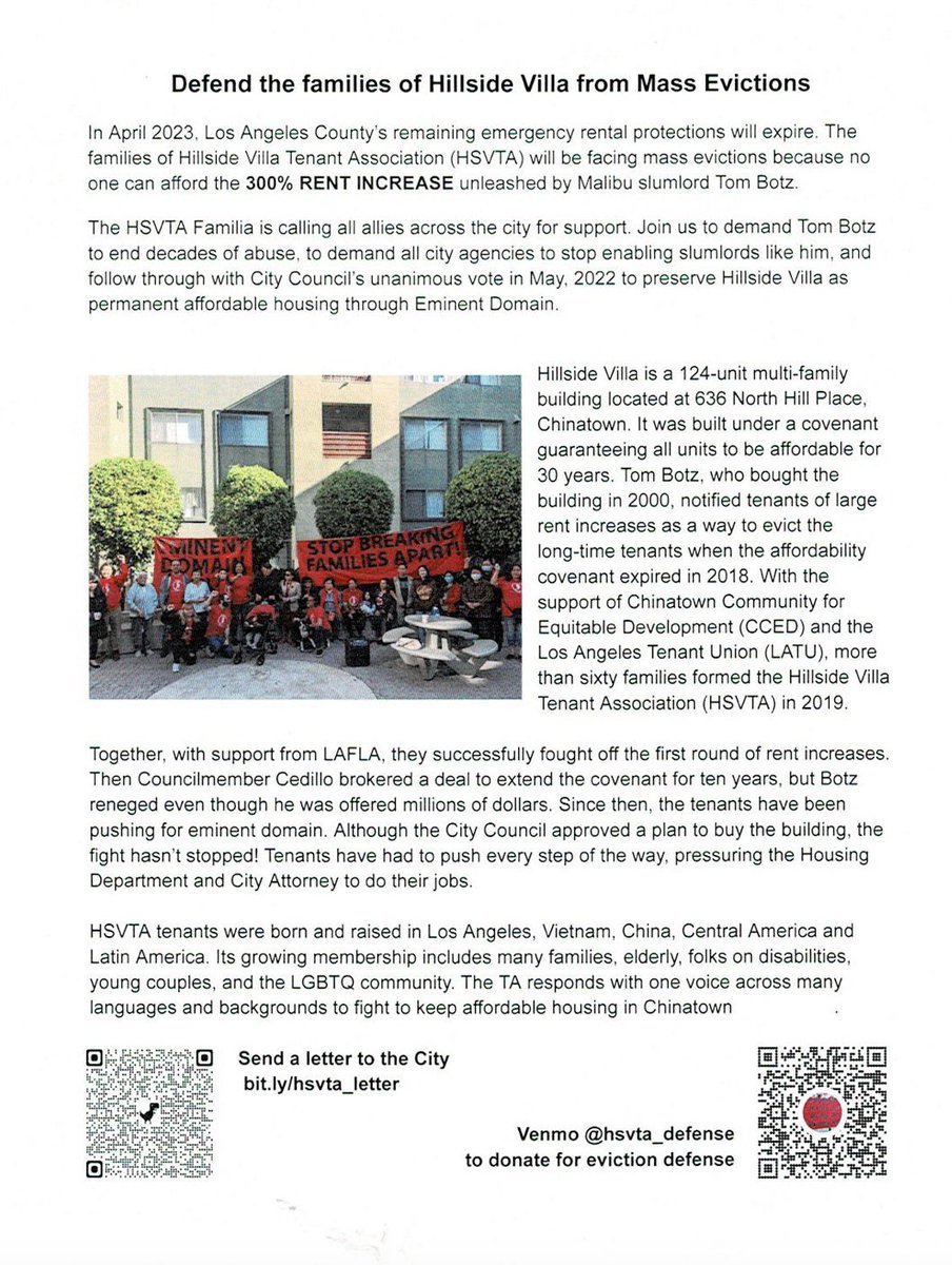 MiracleMileDems's tweet photo. At our mtg we heard from Hillside Vista Tenants Association and their fight to keep their 124 units in Chinatown affordable.  What would you do if your $850 rent went to $2400?    And you are senior and disabled?   Amplify this righteous fight. Scan QR code https://t.co/4ZkOA2UXMX