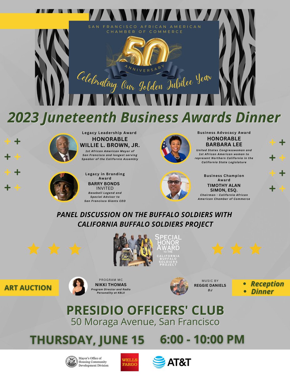 Celebrate SF Black Business, the California Buffalo Soldiers Project, and equity leaders at the 2023 SFAACC Juneteenth Business Awards Dinner on June 15th. Join us for an inspiring evening of empowerment and celebration.
Register now at bit.ly/SFAACCJuneteen… #SFAACCJuneteenth