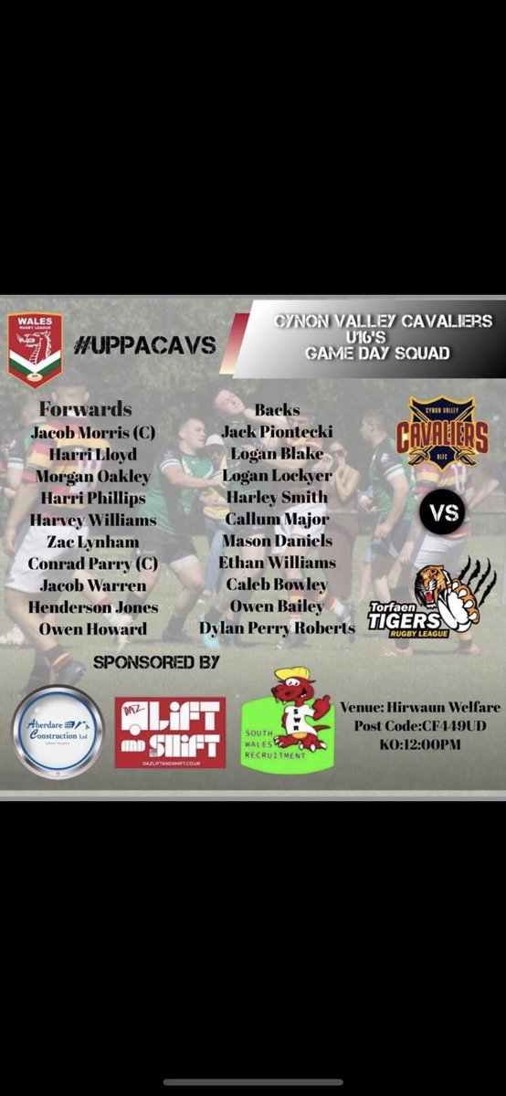 CynonFc's tweet photo. Under 16s squad for Sunday. #uppacavs ⚔️ https://t.co/julBhUUvMx