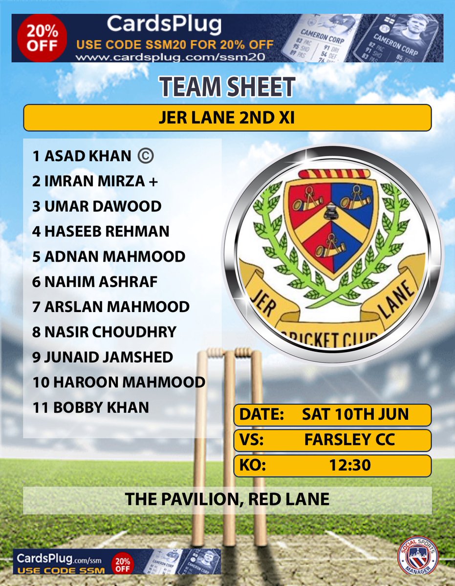 JerLaneCC's tweet photo. The 2nd XI play their 3rd consecutive away game, this week against ⁦@Farsley_cc⁩ The boys are looking to make amends from last weeks result and climb their way back up the table #UpTheJer ⁦#Champions #BobbysBack https://t.co/l3d40l7mB5