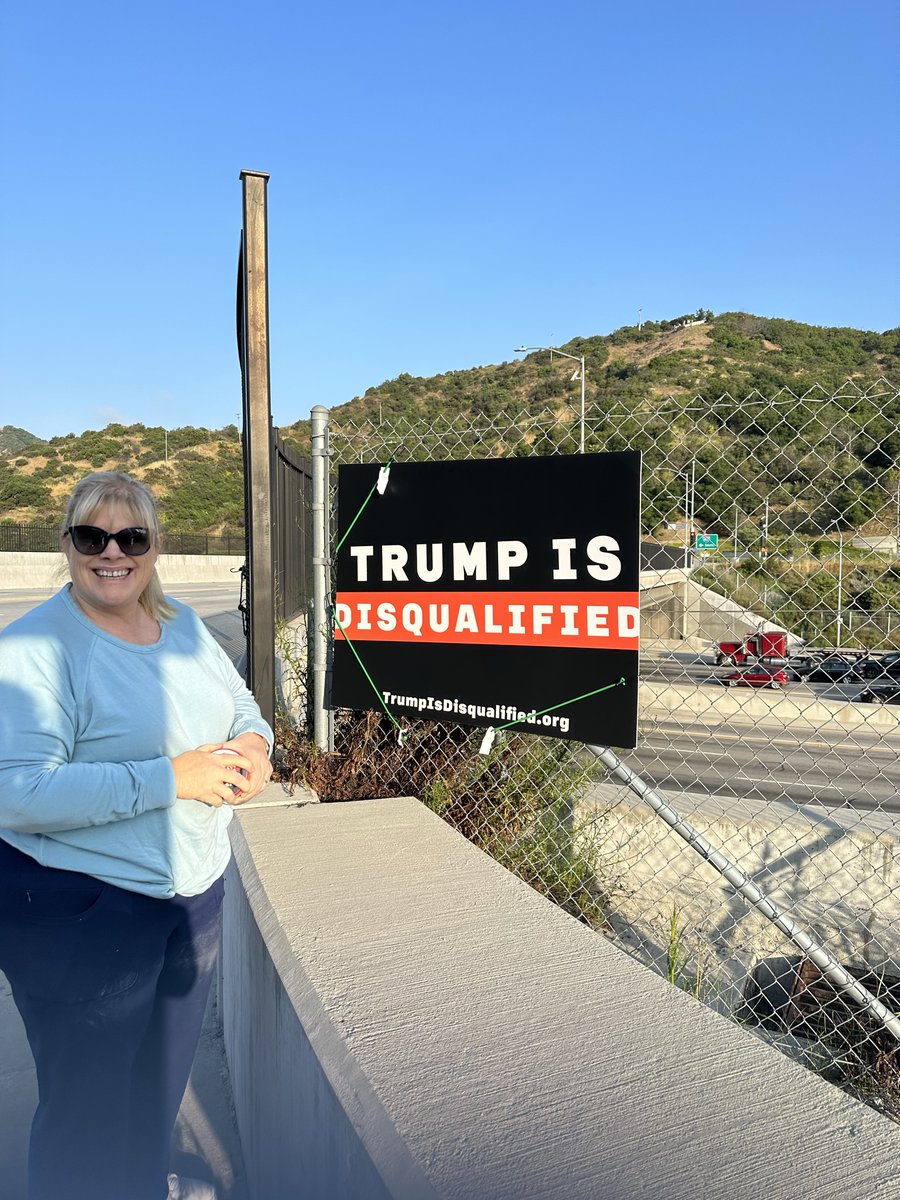 mmanire's tweet photo. https://t.co/yfeuL5UM5J morning rush hour banner display with a whole lotta pride on Skirball Center Drive and the 405 freeway. Banner up against the fence wasn't really working but no problem, we just turned around while thousands of cars were passing  
#TrumpIsDisqualified https://t.co/MlSCcODlvA