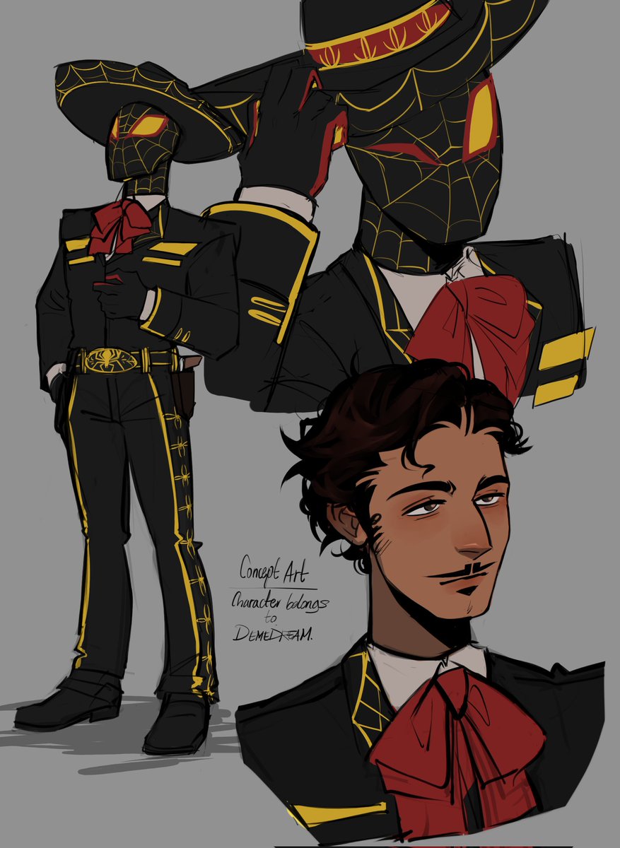 An early concept of my Spidersona 🥺
He's a mariachi from the 50's in the golden age of Mexican cinema 🌟
Based on famous actors of that time like Pedro Infante, Jorge Negrete, etc 
(He doesn't have a name yet and it's not his final design)
#spidersona #spidersociety