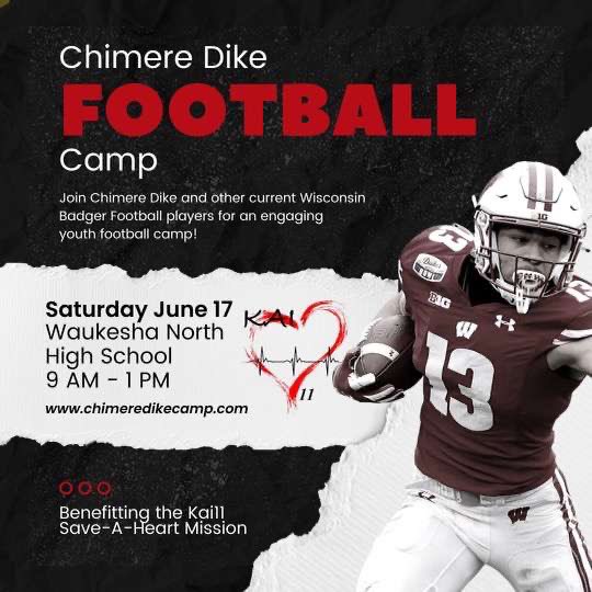 HunterWohler's tweet image. Excited to support my guy @chimdk11 at the Chimere Dike Football Camp, benefitting the Kai11 Save-A-Heart Mission on June 17! Can’t wait to get out there with the kids and have some fun👊
More info here:
chimeredikecamp.com #TVCCF
