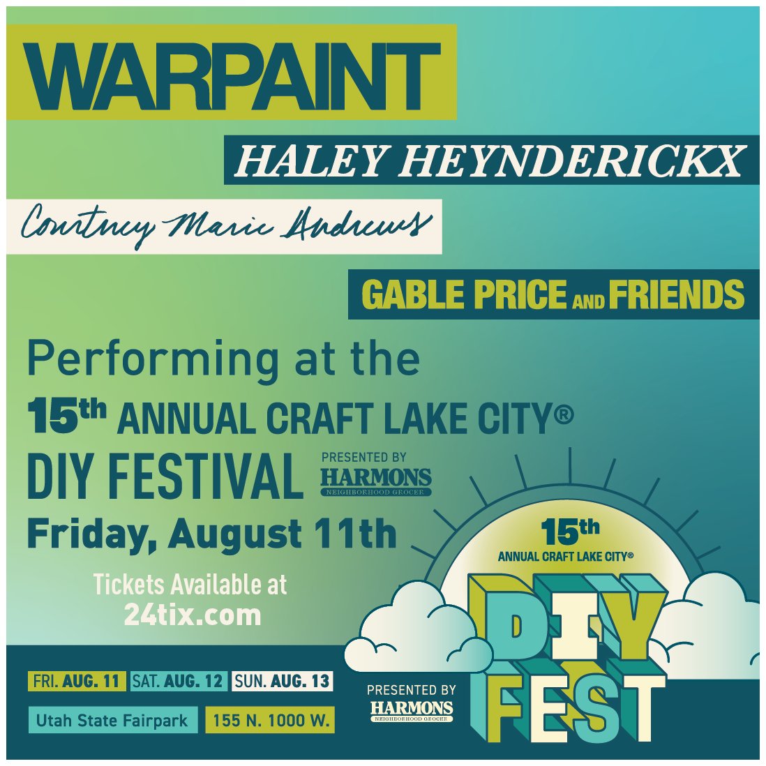 It's a sweet honor to join such a lovely lineup at @craftlakecity's 15th Annual DIY Festival on August 11th in Salt Lake City! @_Warpaint, @courtneymamusic, @GablePrice & me! ☺️ tickets & details: tinyurl.com/clcdiyfest