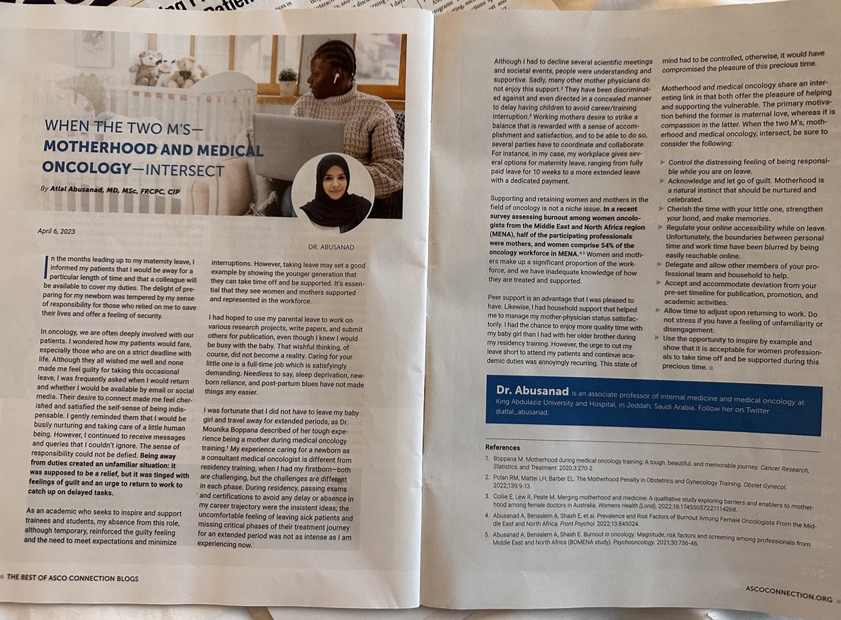 Grateful to be recognized by @ASCO for the second year in a raw! 

My narrative is selected among the best of #ASCOconnection blogs and featured in the on-site magazine  #ASCO23 where +40,000 attendees gathered 

#ASCO2023 #WomenInOncology #WomenInMedicine #Motherhood