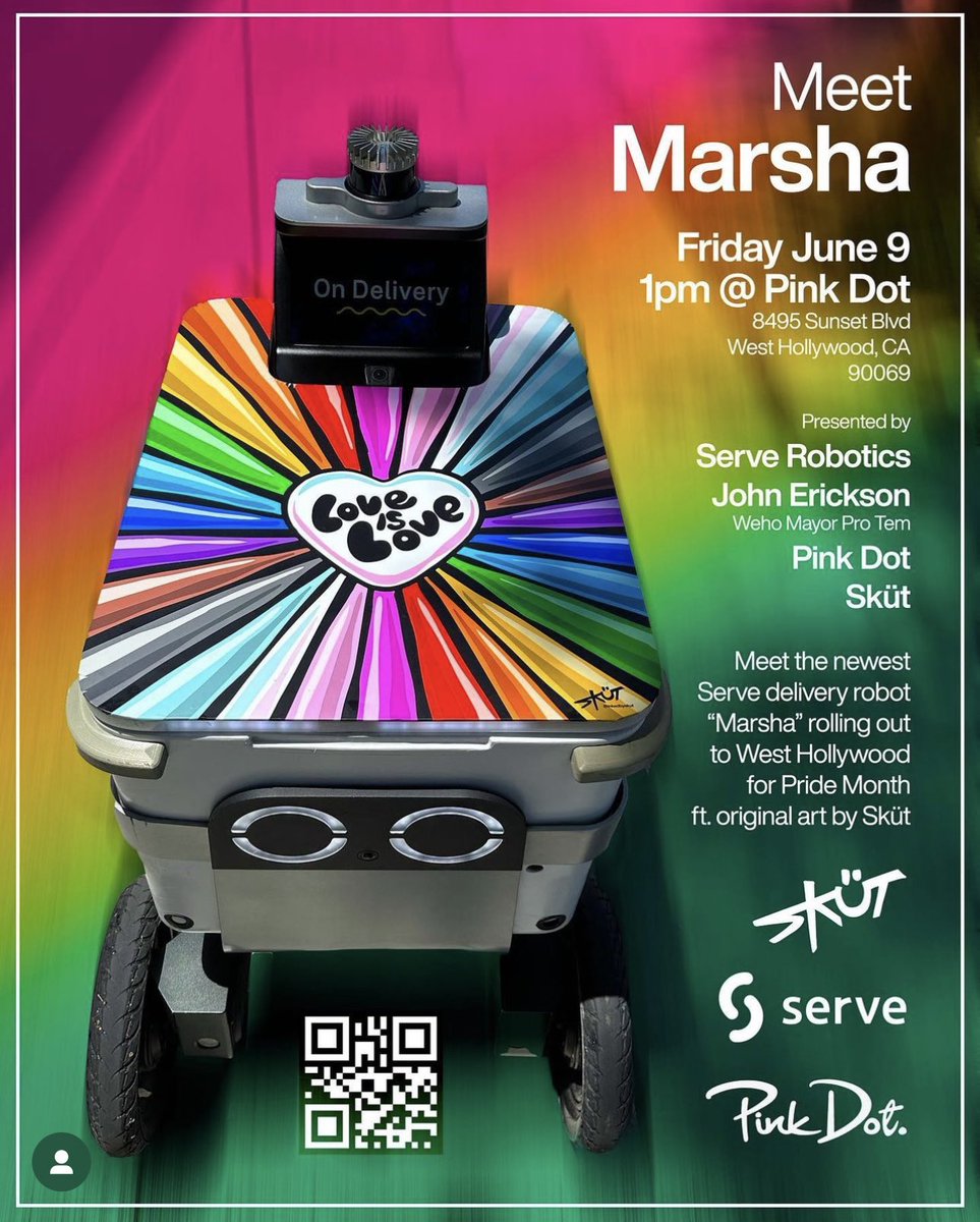 Digital LA (@digitalla) on Twitter photo 🌈🤖 WeHo artist <a href="/ScottLewallen/">Scott Lewallen</a> aka Sküt created art for <a href="/ServeRobotics/">Serve Robotics</a> delivery robot Marsha for Pride Month.
Meet Marsha, Scott at robot release / unveiling with WeHo Pro Tem Mayor John Erickson on Friday June 9, 1p at Pink Dot on Sunset.
Yes robot debuts are a thing in LA! 🌈🤖 WeHo artist <a href="/ScottLewallen/">Scott Lewallen</a> aka Sküt created art for <a href="/ServeRobotics/">Serve Robotics</a> delivery robot Marsha for Pride Month.
Meet Marsha, Scott at robot release / unveiling with WeHo Pro Tem Mayor John Erickson on Friday June 9, 1p at Pink Dot on Sunset.
Yes robot debuts are a thing in LA!