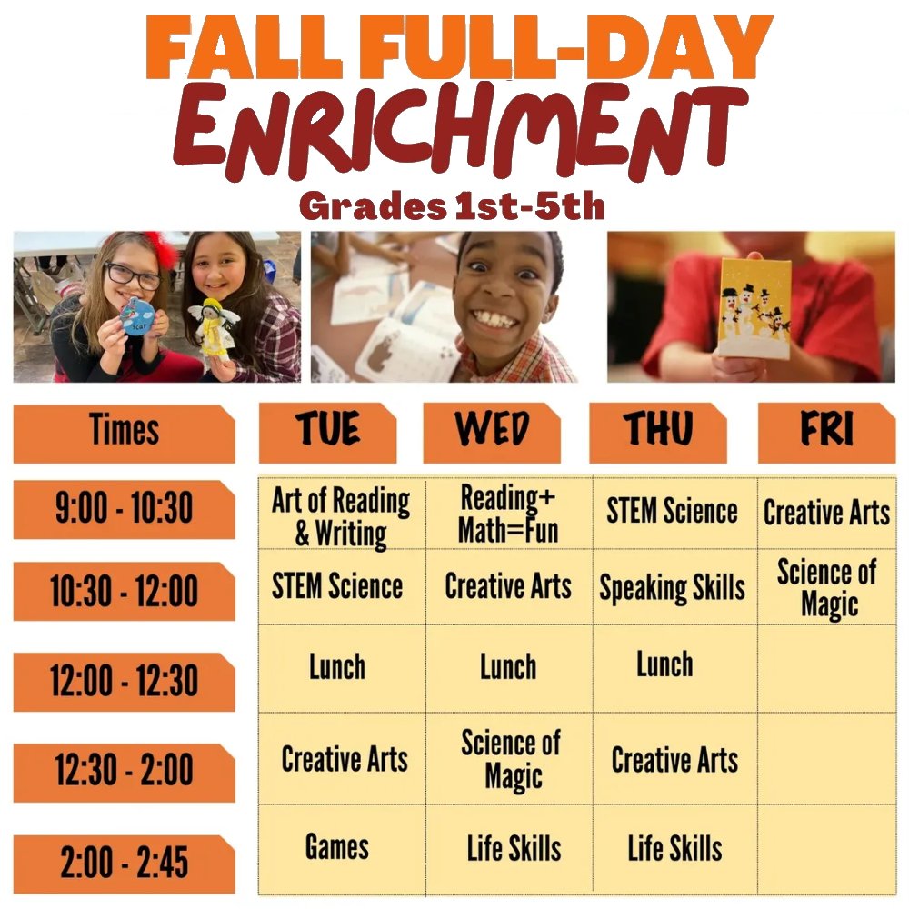 My_Learn_Studio's tweet image. FALL 2023 FULL-DAY ENRICHMENT
Sign up now, start as early as August 22, 2023, and receive extra days for FREE!

CALL 951-789-5402
MyLearningStudio.com/home-charter-s…

#MyLearningStudio #tutoring #tutor #tutoringcenter #RiversideTutors #homeschool #RiversideCharterSchools #enrichmentcourses