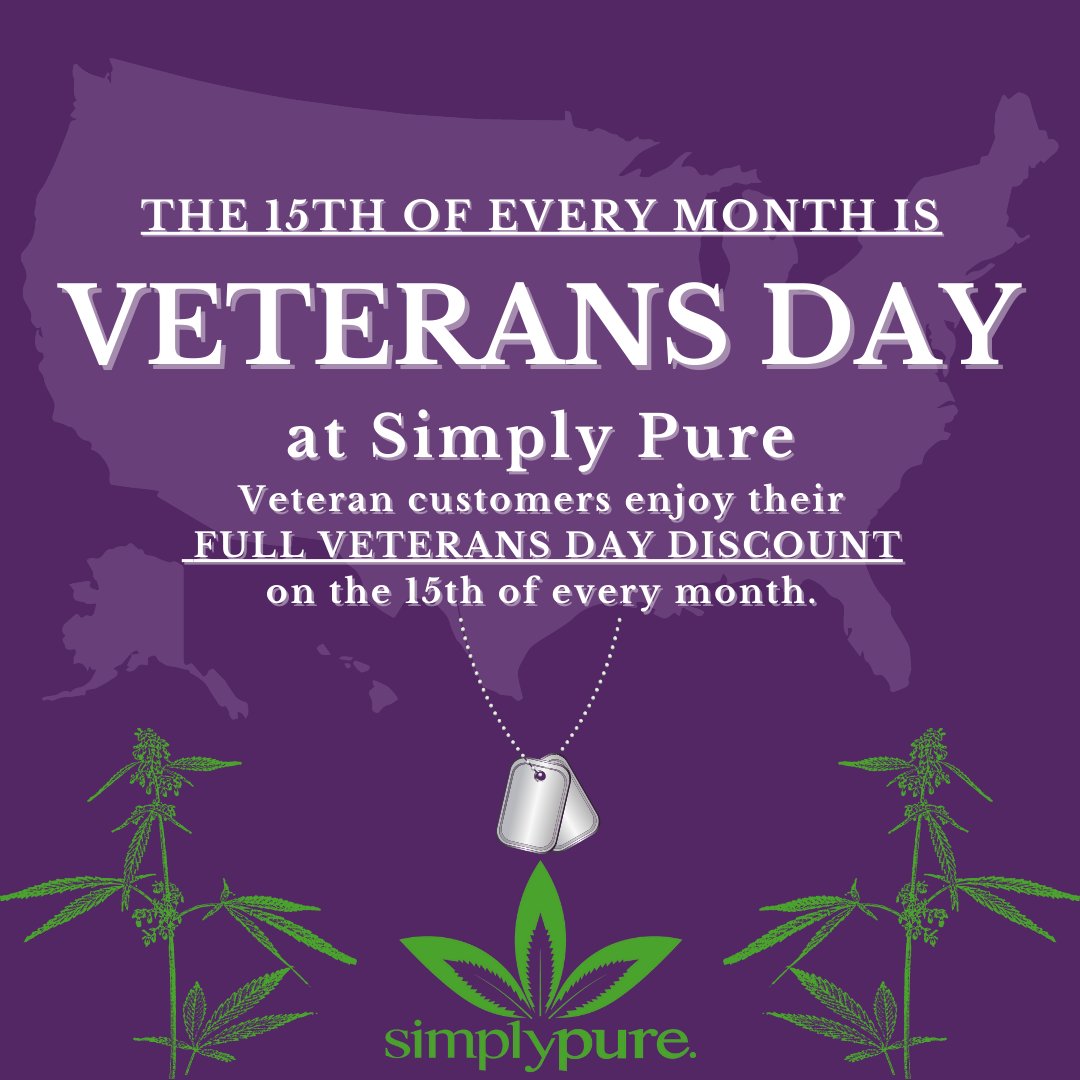 📢🌿💜As a veteran-owned dispensary, Simply Pure is proud to give a little extra back to military veterans on the 15th of every month. Veterans get 2⃣5⃣% off on the 15th (everyday veteran discount is 2⃣0⃣%). Come in Thursday and save!💜🌿📢
#Denver #dispensary #Vets #IAmAPurest