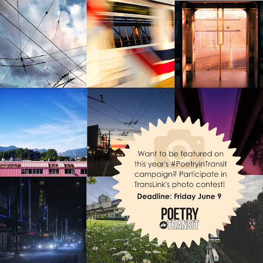 BooksBC_'s tweet photo. Submit your best shots capturing the poetry of Metro Vancouver to @TransLink's photo contest by June 9 for a chance to win $350 and be featured in #PoetryinTransit this year! Submissions accepted via Instagram only. Use #MyTransLinkPhoto to enter. Details https://t.co/8JKTMpQS83 https://t.co/emWzKDxbJ4