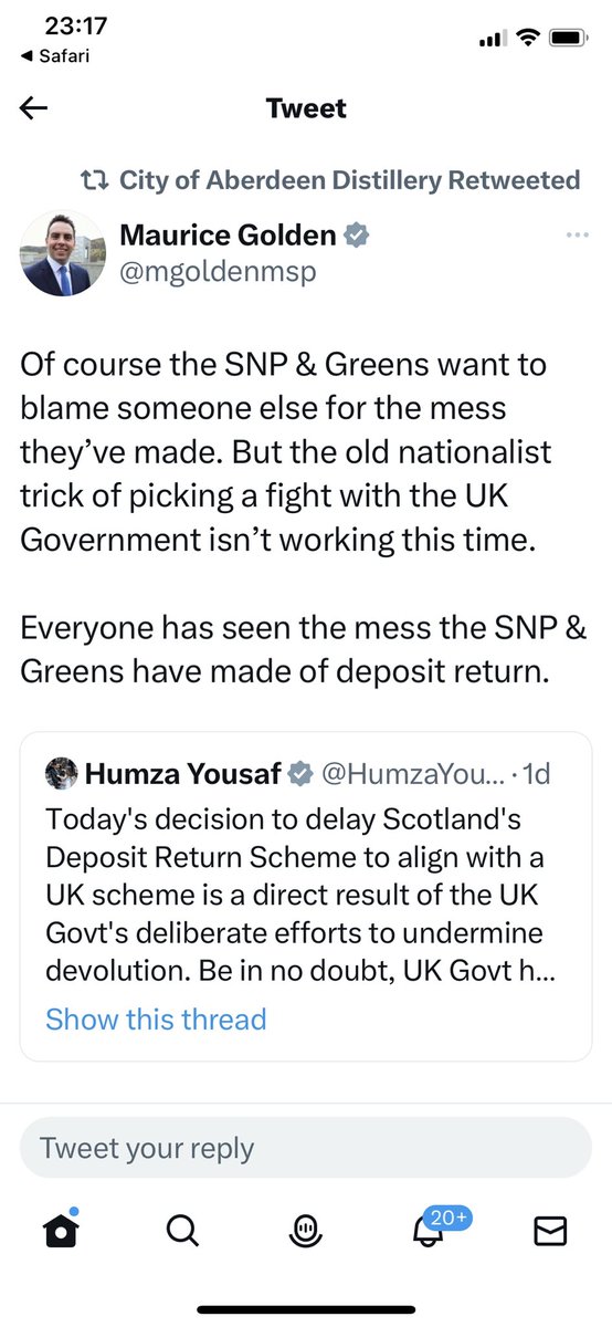 Oh look an Aberdeen company wants to give @mrblairbowman a medal for stopping DRS ! Blair Bowman tweets “We did it” so who was he working for 🤔 this Company retweets #Tory Maurice Golden attacking @theSNP in Holyrood on DRS !