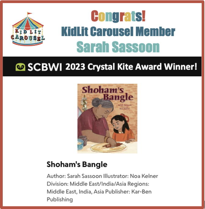 KidLitCarousel's tweet photo. Congrats to KidLit Carousel's own @sarah_sassoon, author of Shoham's Bangle (illustrated by Noa Kelner), a 2023 Crystal Kite Award winner!! 🎉
#SCBWI #SCBWI23CK #scbwicrystalkites #kidlit #weneeddiversebooks #ownvoice #iraqijews #refugees https://t.co/9OYW7X0BVg