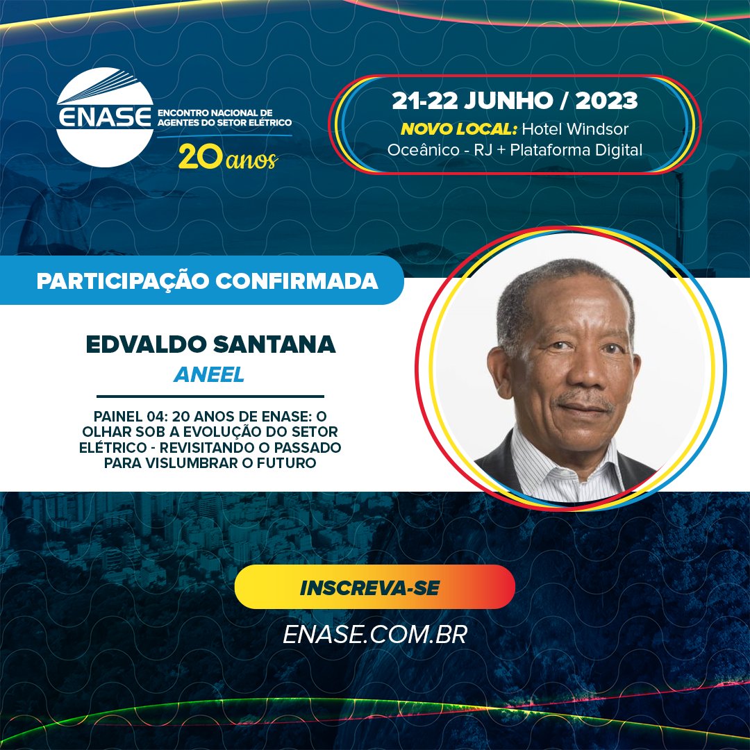 agcanalenergia's tweet photo. PARTICIPAÇÃO CONFIRMADA ✅
O Edvaldo Santana, CEO / Negócios de Energia da NEAL está confirmado no ENASE - EDIÇÃO ESPECIAL 20 ANOS.
Se você ainda não garantiu a sua inscrição, não deixe para a última hora!
Acesse agora o link https://t.co/N8NRjjRRw1 e junte-se a nós!
#enase https://t.co/nzaFOKmC7Q