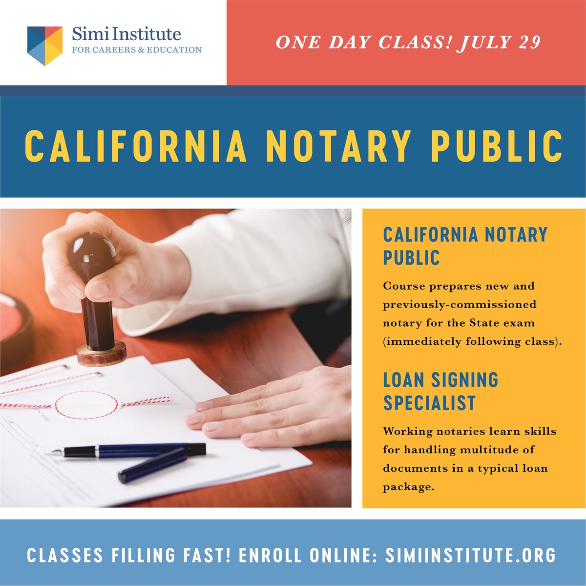 ONE-DAY CLASS! Become a California Notary Public in just one Saturday.

The next class is July 29. Enroll today: tinyurl.com/38ebb9me