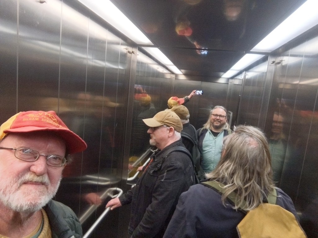 Three ageing Northern musos in a lift, after relishing NCA exhibition at the Waygood, lovingly curated by @NarbiPrice. @richarddawson12 , @smokeybarkid